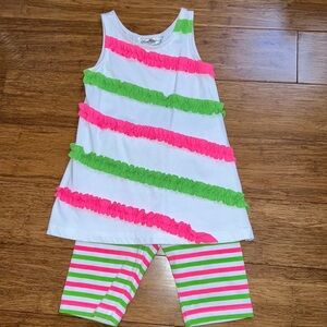 Rare Editions Girls neon pink and green set. Ruffle top and striped bottom. EUC